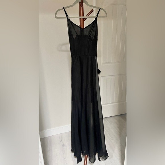 OASAP Black Chiffon Spaghetti Strap V-Neck Slit Sheer Panel Maxi A-Line Dress - Picture 2 of 9
